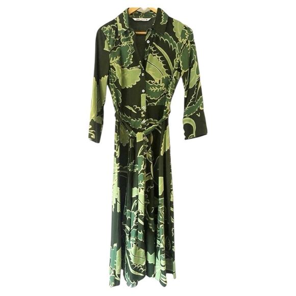 Zara Bold Green Print Maxi Button Up Belt Dress Leaf Print Size S– 100% Cotton - Picture 4 of 14